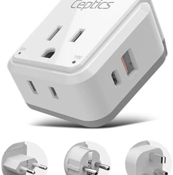 Ceptics European Plug Travel Adapter Set, 20W PD & QC, Safe Dual USB & USB-C – 2 USA Socket – Compact – Use in Germany, France, Italy, UK – Includes Type E/F, Type C, Type G SWadAPt Attachments