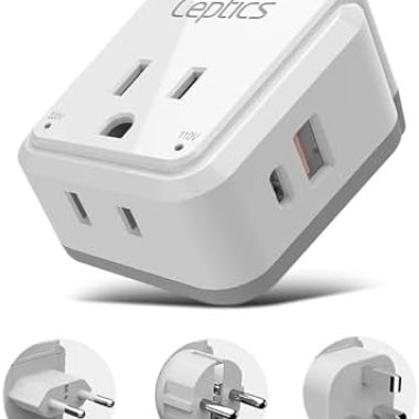 Ceptics European Plug Travel Adapter Set, 20W PD & QC, Safe Dual USB & USB-C – 2 USA Socket – Compact – Use in Germany, France, Italy, UK – Includes Type E/F, Type C, Type G SWadAPt Attachments