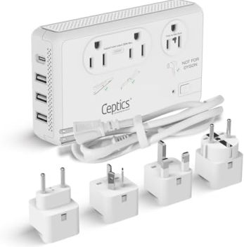Ceptics Voltage Converter for Travel, 220V to 110V Converter w/Type C, E/F, G, I Plugs, 2000W Outlet for Hair Dryers, 4 USB w/ 1 USB-C PD 18W Fast Charge, for Curling Iron, Straightener, Chargers