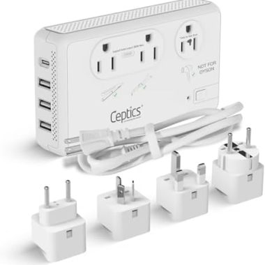 Ceptics Voltage Converter for Travel, 220V to 110V Converter w/Type C, E/F, G, I Plugs, 2000W Outlet for Hair Dryers, 4 USB w/ 1 USB-C PD 18W Fast Charge, for Curling Iron, Straightener, Chargers